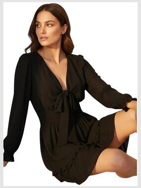 Black Tie-Front Ruffle Mini Dress Chiffon Long Sleeve S
